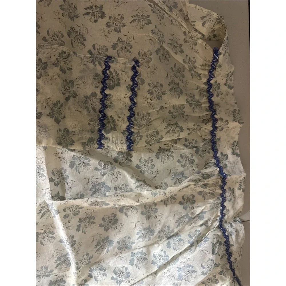 Handmade White Linen Apron Blue Floral‎ Embroidery Adjustable Tie Waist
